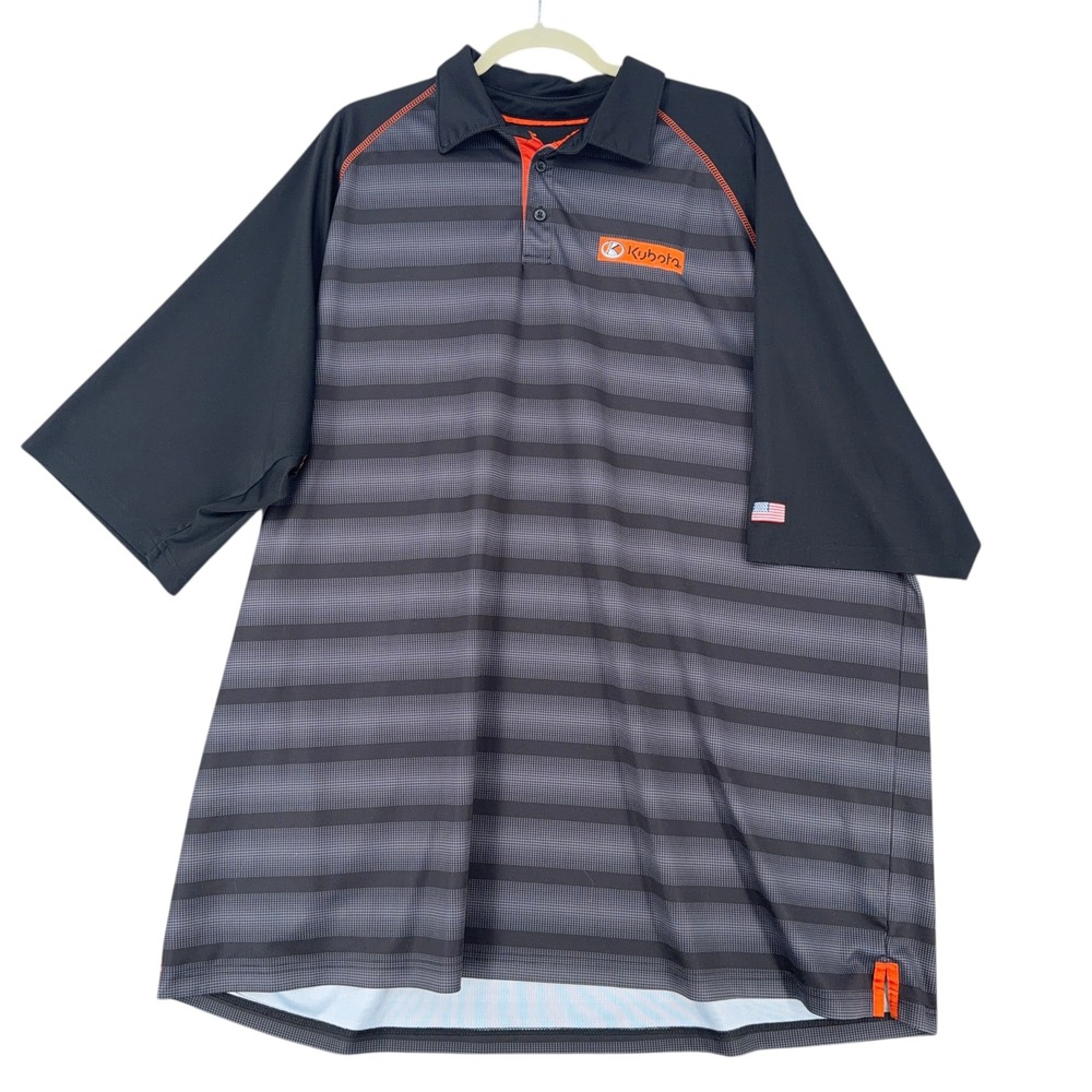 Kubota Mens Black Gray Stripe Performance Polo Shirt Short‎ Sleeve Logo Patch 4X